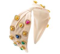 Women Girls Valentines Day Headband Loving Heart Pearl Hairband Wide Brim Knotted Hair Accessories Creamy-White