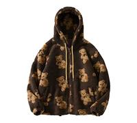 Women Girls Winter Fall Fleece Jacket Fuzzy Zip Up Hoodies Cropped Cute Bear Print Warm Teddy Coat with Hood Khaki