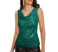 Women Glamorous Scoop Neck Sequin Tanks Casual Tank Tops Blouse Sequin Dance Club Vest Green L