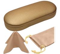 Women Glasses Case, Hard Shell Eyeglass Holder, Protective with lip for easy openning with drawstring pouch and cloth, Gold, Medium