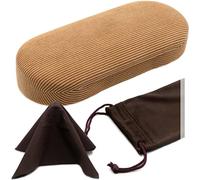 Women Glasses Case, Hard Shell Eyeglass Holder, Protective with lip for easy openning with drawstring pouch and cloth, Corduroy Beige, Medium