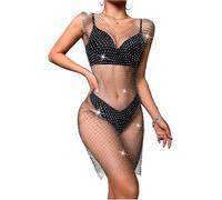 Women Glitter dress, Black Sexy Mesh Diamond Hollow Out See-Through Rhinestone Studded Midi dress for Festival Club Rave Outfit, Diamond Crystal Beach Bikini Cover Up Sparkly Clubwear