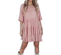 Women Glitter Sequin Shirt Dress Round Neck Short Sleeve Glitter Sparkly Tiered Swing Tunic Baby Doll Dress Party Clubwear (A-Pink, XL)