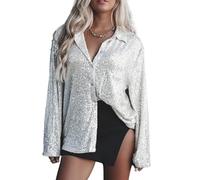 Women Glitter Sequin V-Neck Shirt Dinner Sparkly Button Up Shirt Lapel Collared Long Sleeve Loose Fit Blouse Tops (A-White, S)
