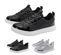 Women Glitter Sneakers Sparkly Low Top Sequins Sneakers, Classic Lace Up Lightweight Insole Bling Tennis Shoes, Comfort Fashion Shiny Casual Walking Shoes Black