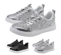 Women Glitter Sneakers Sparkly Low Top Sequins Sneakers, Classic Lace Up Lightweight Insole Bling Tennis Shoes, Comfort Fashion Shiny Casual Walking Shoes Silver