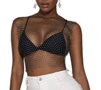 Women Glitter Tank Tops, Black Sexy Mesh Diamond Hollow Out Crop Tops, See Through Rhinestone Studded Crop Tops for Festival Club Rave Outfit, Diamond Crystal Cover Up Clubwear Cropped Tops Blouse