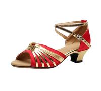 Women Gold Latin Dance Shoe Heeled Sandals Women Latin Dance Shoes Wide Fit ow Strappy Leather Black Block ractice Performance Competition Fish Mouth Dancing Shoes for Prom (Watermelon Red, 5)