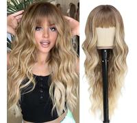 Women Gold Wig with Fringe Long Gold Ladies Wigs UK Real Hair for Older Women Bob Curly Wig Glueless Synthetic for 80S Rock Fancy Dress Anime Carnival Fancy Dress Accessory 28 inch
