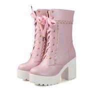 Women Goth Boots Platform Chunky Heel Lace Combat Ankle Booties Pink
