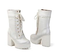 Women Goth Boots Platform Chunky Heel Lace Combat Ankle Booties White
