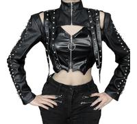 Women Goth Long Sleeve Crop Top Punk Bolero Shrug Black PU Leather Cropped Cover Ups, Black, Medium