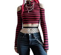 Women Goth Open Shoulder Long Sleeve Crop Tops Sexy Grunge Striped Gothic Punk Basic T-Shirts Casual Bodycon Tops Tee Clubwear,Red,S