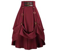 Women Goth Steampunk Skirt High Waist Pirate Midi A-Line Skirt with Pockets S-2XL, Burgundy, L