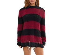 Women Goth Sweater Punk Ripped Hollow Knit Top Striped Grunge Long Sleeve Shirts Harajuku Pullover Knitwear (Red Striped, One Size)
