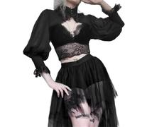 Women Goth Tops Punk Cover Ups Mesh Crop Top See Through Sexy Long Sleeve Blouse Y2k Black Rave Outfit Festival, Goth Outfits for Women Victorian Blouse, Medium