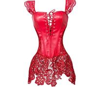 Women Gothic Corset Bustier Dress Faux Leahter Lace Strap Shaper Underwear Lingerie Red Plus Size