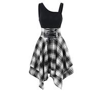 Women Gothic Dress Plaid Mini Sexy High Waist Asymmetric Casual Female Elegant Goth Punk Short Party Lace Dresses