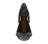 Women Gothic Dresses Outfit Spaghetti Strap Dress + Sheer Mesh Lace Tie Waist Dresses with Hood & Curved Hem Vintage Carnival Halloween Costume Cami Dress Underbust Top Hoodie Shirt Coffee