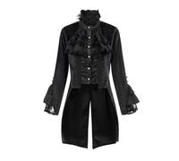 Women Gothic Frock Coat Medieval Lace Patchwork Jacket Ladies Single Breasted Tailcoat Steampunk Jacquard Outerwear Stand Collar Court Overcoat Victorian Uniform Halloween Fancy Dress Costume