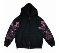 Women Gothic Hoodie Skull Y2k Zip Up Hooded Sweatshirt Pink Sword Cross Grunge Aesthetic Dark Academia Alt Emo Pullover, Black, S