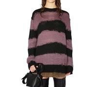 Women Gothic Loose Fit Knit Sweatshirt Long Sleeve Crew Neck Striped Print Hollow Out Sweater Harajuku Grunge Knitwear Top (Purple A, ONE Size)