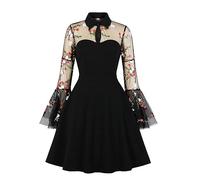 Women Gothic Midi Dress Flower Embroidery Mesh See-Through Long Flare Sleeve A-line Dress Medieval Steampunk Dress Halloween Costume (Black Flowers, L)