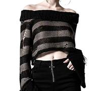 Women Gothic Punk Long Sleeve Sweater Off Shoulder Striped Ripped Holes Loose Knitted Pullover Jumpers Crop Top Long Sleeve Sweater Shirts for Women Gray