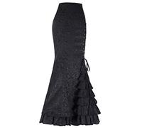 Women Gothic Ruffled Steampunk Maxi Skirt Vintage Fishtail Mermaid Skirt Ladies Ruched Sexy Bodycon with Drawstring Victorian High Waist Retro Midi Layered A Line Plus Size