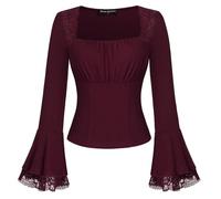 Women Gothic Victorian Blouse Lace Long Sleeve Tops for Going Out Christmas Party Square Neck Slim Fit Shirts Dark Red L