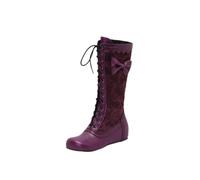 Women Gothic Victorian Knee High Boots Low Kitten Heel Lace Up Side Zipper Ankle Boots Retro Medieval Leather Round Toe Mid Calf Flat Booties Vintage Cute Bow Booties for Ladies Witch Shoes