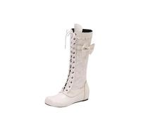 Women Gothic Victorian Knee High Boots Low Kitten Heel Lace Up Side Zipper Ankle Boots Retro Medieval Leather Round Toe Mid Calf Flat Booties Vintage Cute Bow Booties for Ladies Witch Shoes