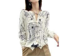 Women Graffiti Style Cashmere Cardigan O-Neck Elasticity Sweater Rice White XXL
