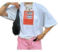 Women Graphic Oversized Tee Y2k Fruit Print Short Sleeve White Top Crewneck Cute Aesthetic Tee Shirts Summer, New White Sardine, L