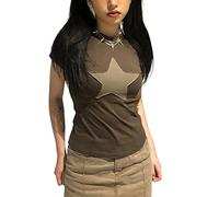 Women Graphic Star Print Crop Top Y2K E-Girls 90s Sleeveless Tank Top Crew Neck Short Sleeve Slim FitSummer Cami Vest Tops (Brown, Medium)