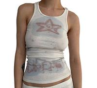 Women Graphic Star Print Crop Top Y2K E-Girls 90s Sleeveless Tank Top Crew Neck Short Sleeve Slim FitSummer Cami Vest Tops (White#2, S)