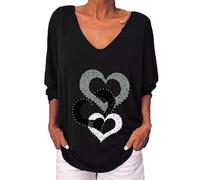 Women Graphic T Shirt Tops Autumn and Winter Long Sleeve Valentine's Day Heart Print V-Neck T-Shirt Ladies Daily Clothes (5A-Black, XL)