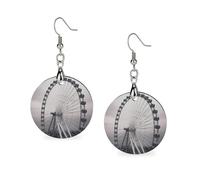Women Gray Ferris Wheel Wooden Earrings Lightweight Dangle Earrings Geometric Drop Earring Vintage Round Retro Daily Wear Jewelry Gift for Wedding Party Graduation