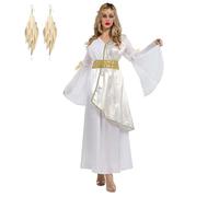 Women Greek Goddess Athena Princess Dress, 3PCS Ancient Roman Costume with Gold Leaf Crown Earring, Halloween Party Outfits (Adult, Medium)