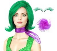 Women Green Costume Wig with Scarf and False Eyelashes Short Green Cosplay Wigs for Adults Halloween Costume Anime Cosplay (Adults)
