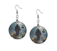 Women Grim Reaper Wooden Earrings Lightweight Dangle Earrings Geometric Drop Earring Vintage Round Retro Daily Wear Jewelry Gift for Wedding Party Graduation