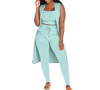 Women Gym Set Size 16 Fall Winter Women Stretchy Wear 2022 Solid Color 3 Pants Set Ladies Ribbed Casual Sleeveless Coat Vest and Pants Three Pcs Outfits Blue Velour Tracksuit Shorts (Blue, XXL)