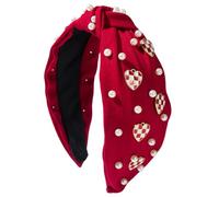 Women Hair Hoop Pearl Checkerboard Heart Wide Knot Headband Hair Bands For Girls Head Piece Hairband Hair Accessories (Red, 17cm*13cm)