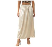 Women Half Slip Soft Satin Half Slip Lace Long Underskirt Half Slips For Under Dresses Ruffle Waist Skirt Beige