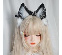 Women Halloween Animal Fox Wolf Ears Harajuku Metal Pendant Headdress Cosplay Costume Party Props Cat Headband (black white)