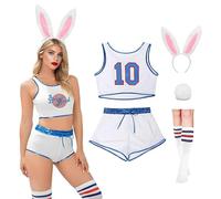 Women Halloween Bunny Costume Jersey Set Space Movie Cosplay with Bunny Ears,Tail & Socks Bodycon White Medium