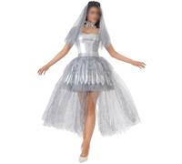 Women Halloween Corpse Bride Costume Ghost Dead Zombie Bride Dress with Veil and Scarf Fancy Dress Set for Carnival Party (A-Gray, L)