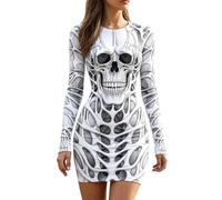 Women Halloween Costume Vintage Long Sleeve Skeleton Print Mini Dress | Crew Neck Stretchy Ladies Dresses Medieval Witch Fairy Goth Victorian Cosplay Party Outfits Plus Size