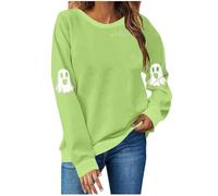 Women Halloween Crewneck Sweatshirt Oversized Ghost Sweatshirts Creepy Novelty Loose Top Long Sleeve Scary Autumn Festive Top Autumn Holiday Party Clothes (Light Green, S)
