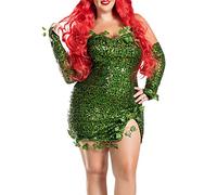 Women Halloween Deluxe Green Ivy Cosplay Costume Sleeveless Fake Leaves Sequin Fairy Dress with Headband Set (Green, XXXL)